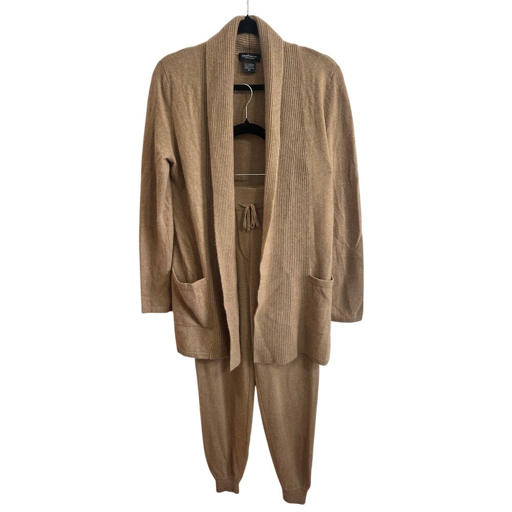 Lord & Taylor Cashmere Set Joggers and Cardigan Tan Beige Sz S Top Sz XS Bottom